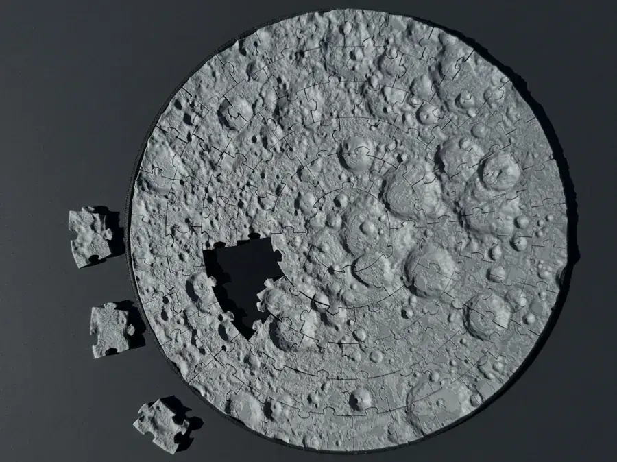 A printed circular Moon surface jigsaw puzzle with a few pieces set aside.